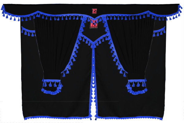 Lkw Gardinenset 11 teilig, inkl Borde schwarz blau Länge Gardinen 110 cm, Bettvorhang 150 cm TS Logo