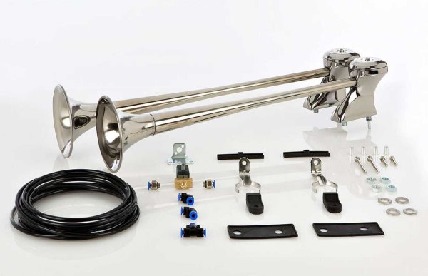 Doppio avvisatore acustico in acciaio inox ad aria compressa con set di montaggio, 24V, lunghezza 65 e 70cm