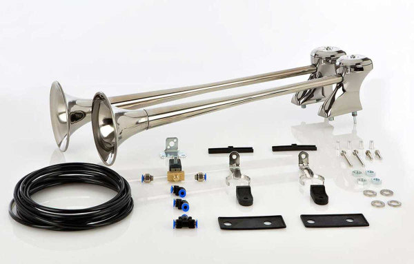 Doppio avvisatore acustico in acciaio inox per aria compressa con set di montaggio, 24V, lunghezza 80 e 85cm