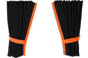 F&ouml;nstergardiner i mockalook 4-delade, med kantlist i l&auml;derimitation antracit-svart orange L&auml;ngd 95 cm