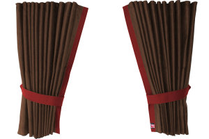 Suede-look truck window curtains 4-piece, with imitation leather edge dark brown bordeaux Length 110 cm