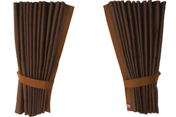 Suede-look truck window curtains 4-piece, with imitation leather edge dark brown caramel Length 110 cm