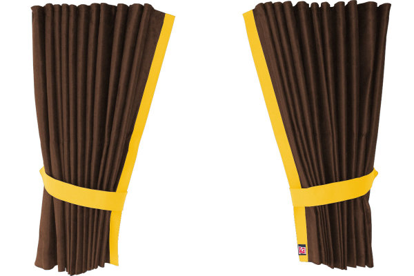 Suede-look truck window curtains 4-piece, with imitation leather edge dark brown yellow Length 110 cm