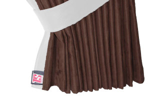 Suede-look truck window curtains 4-piece, with imitation leather edge dark brown white Length 110 cm