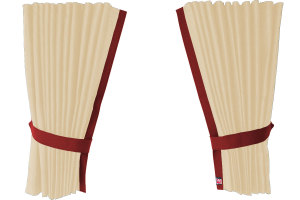 Suede-look truck window curtains 4-piece, with imitation leather edge beige bordeaux Length 95 cm