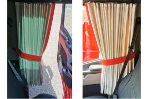 Suede-look truck window curtains 4-piece, with imitation leather edge beige red* Length 95 cm