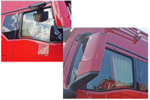 Su&egrave;de-look vrachtwagen-raamgordijnen 4-delig, met imitatieleren rand beige rood* Lengte 95 cm