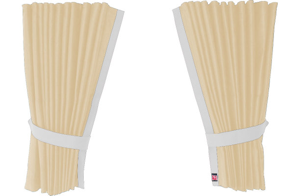 Suede-look truck window curtains 4-piece, with imitation leather edge beige white Length 95 cm