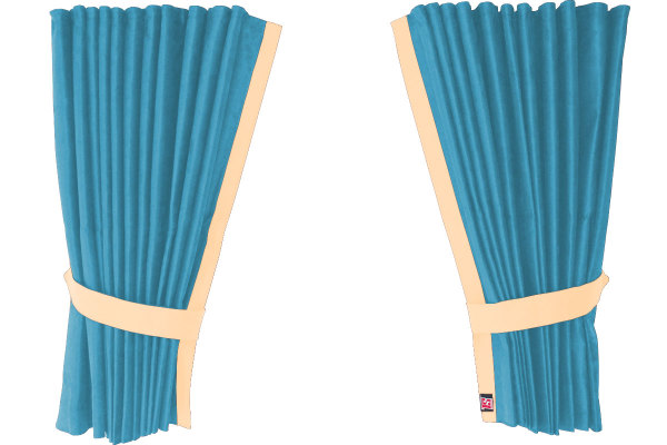 Suede-look truck window curtains 4-piece, with imitation leather edge light blue beige* Length 95 cm