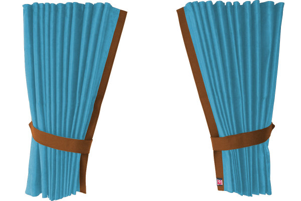 Suede-look truck window curtains 4-piece, with imitation leather edge light blue caramel Length 110 cm