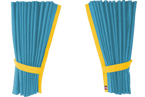Fönstergardiner i mockalook 4-delade, med kantlist i läderimitation ljusblå gul Längd 95 cm