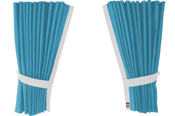 Fönstergardiner i mockalook 4-delade, med kantlist i läderimitation ljusblå vit Längd 95 cm