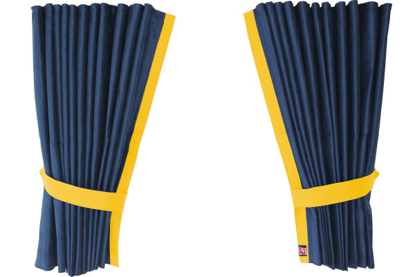 Fönstergardiner i mockalook 4-delade, med kantlist i läderimitation mörkblå gul Länge 110 cm