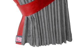 Suede-look truck window curtains 4-piece, with imitation leather edge grey red* Length 95 cm