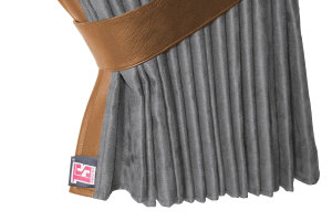 Suede-look truck window curtains 4-piece, with imitation leather edge grey caramel Length 110 cm