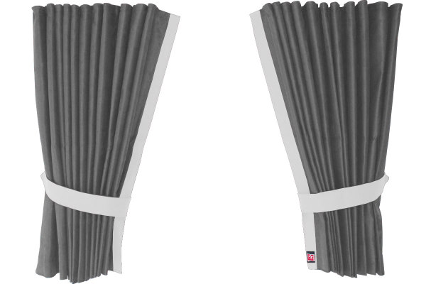 Suede-look truck window curtains 4-piece, with imitation leather edge grey white Length 95 cm