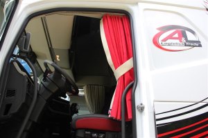 Su&egrave;de-look vrachtwagen-raamgordijnen 4-delig, met imitatieleren rand Rood beige* Lengte 95 cm