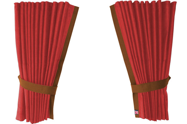 Fönstergardiner i mockalook 4-delade, med kantlist i läderimitation röd Karamell Länge 110 cm