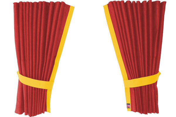 Fönstergardiner i mockalook 4-delade, med kantlist i läderimitation röd gul Längd 95 cm