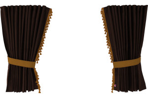 Suede-look truck window curtains 4-piece, with tassel pompom, strong darkening, double processed dark brown caramel Length 95 cm