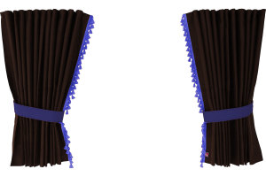 Suede-look truck window curtains 4-piece, with tassel pompom, strong darkening, double processed dark brown blue Length 95 cm
