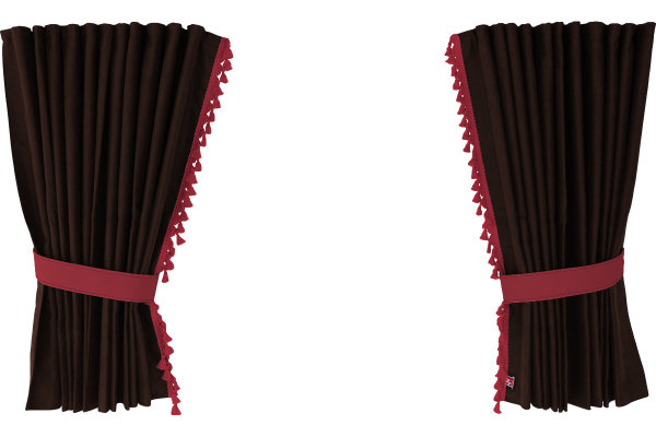 Suede-look truck window curtains 4-piece, with tassel pompom, strong darkening, double processed dark brown bordeaux Length 95 cm