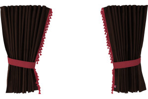 Suede-look truck window curtains 4-piece, with tassel pompom, strong darkening, double processed dark brown bordeaux Length 110 cm