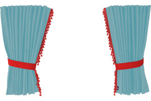 Suede-look truck window curtains 4-piece, with tassel pompom, strong darkening, double processed light blue red Length 95 cm