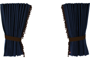 Suede-look truck window curtains 4-piece, with tassel pompom, strong darkening, double processed dark blue brown Length 95 cm