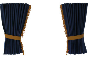Suede-look truck window curtains 4-piece, with tassel pompom, strong darkening, double processed dark blue caramel Length 95 cm