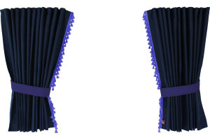 Suede-look truck window curtains 4-piece, with tassel pompom, strong darkening, double processed dark blue blue Length 95 cm