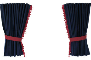 Suede-look truck window curtains 4-piece, with tassel pompom, strong darkening, double processed dark blue bordeaux Length 95 cm