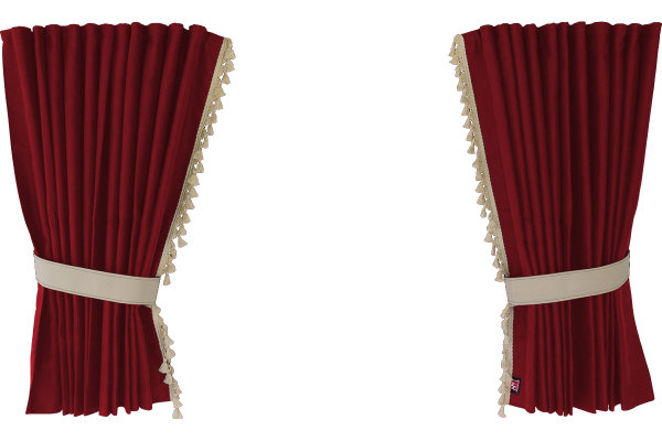 Suede-look truck window curtains 4-piece, with tassel pompom, strong darkening, double processed bordeaux beige Length 95 cm