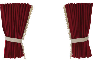 Suede-look truck window curtains 4-piece, with tassel pompom, strong darkening, double processed bordeaux beige Length 110 cm