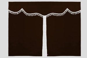 Bäddgardin i mockalook, 3-delad, med tofs och pompom mörkbrun vit Längd 149 cm
