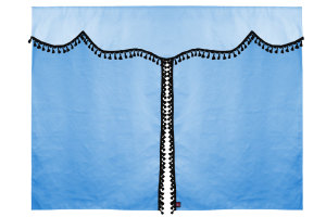 Bäddgardin i mockalook, 3-delad, med tofs och pompom ljusblå svart Längd 149 cm
