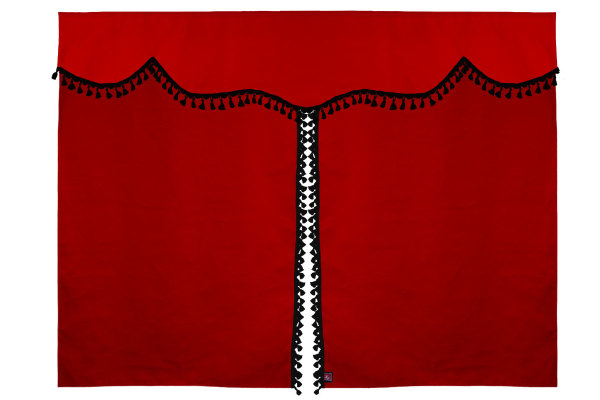 Bäddgardin i mockalook, 3-delad, med tofs och pompom röd svart Längd 149 cm