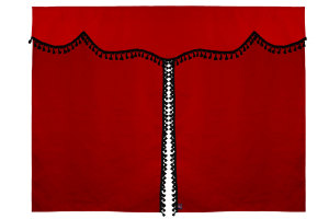 Bäddgardin i mockalook, 3-delad, med tofs och pompom röd svart Längd 149 cm