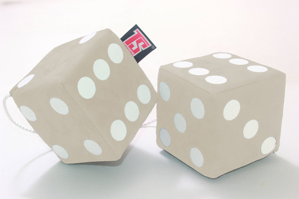 suedelook truck cube, 12x12cm, hanging with cord for (fuzzy dice) beige white