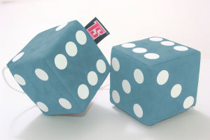 suedelook truck cube, 12x12cm, hanging with cord for (fuzzy dice) light blue white