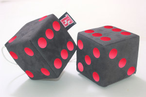 suedelook truck cube, 12x12cm, hanging with cord for (fuzzy dice) grey red