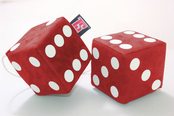 suedelook truck cube, 12x12cm, hanging with cord for (fuzzy dice) red white