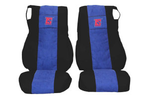 Geschikt voor DAF*: XF105 / XF106 / CF (2012-...) Stoelhoezen met TS logo rand imitatieleer zwart su&egrave;de look, doorgestikt, blauw