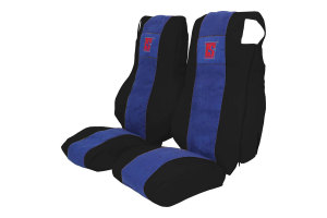 Passend f&uuml;r DAF*: XF105 / XF106 / CF (2012-...) Sitzbez&uuml;ge mit TS Logo Kunstlederrand schwarz Wildlederoptik, abgesteppt, blau