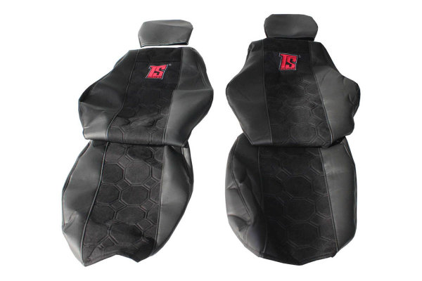 Suitable for Mercedes*: Atego, Axor, Actros (1996-2014) Driver seat and passenger seat extra headrest, Design Seat Covers with TS Logo Leatherette edge black Suedelook, stitched, black 2 integrated belts