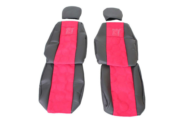 Suitable for Mercedes*: Atego, Axor, Actros (1996-2014) Driver seat and passenger seat extra headrest, Design Seat Covers with TS Logo Leatherette edge black Suedelook, stitched, red 2 integrated belts