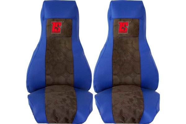 Fits Scania*: R1 & R2 Design Set Seat Covers with TS Logo Leatherette edge blue Suedelook, stitched, grey air suspension