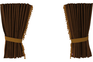 Suede-look truck window curtains 4-piece, with tassel pompom, strong darkening, double processed grizzly caramel Length 110 cm