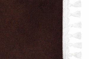B&auml;ddgardin i mockalook, 3-delad, med tofs och pompom m&ouml;rkbrun vit L&auml;ngd 179 cm