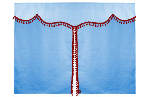 Bäddgardin i mockalook, 3-delad, med tofs och pompom ljusblå röd Längd 179 cm